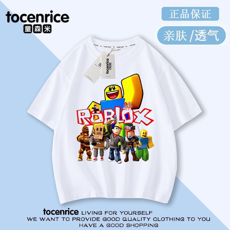 Roblox Short-sleeved T-shirt Boy's Clothes Summer Pure Cotton Top Children's Clothes Roblez Printed Half-sleeved Shirt Trendy T