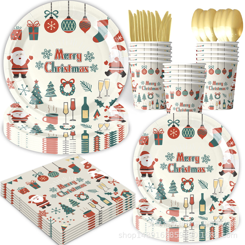 Cross-border Christmas Theme Party Supplies Decoration Layout Christmas Disposable Paper Plates Paper Towels Paper Cups Tableware Set