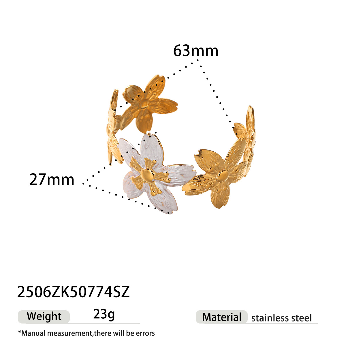 Tena brazalete de acero inoxidable europeo y americano para mujer, placa de alta gama, placa de flor de oro de 18k, joyería de mano explosiva al por mayor image 11