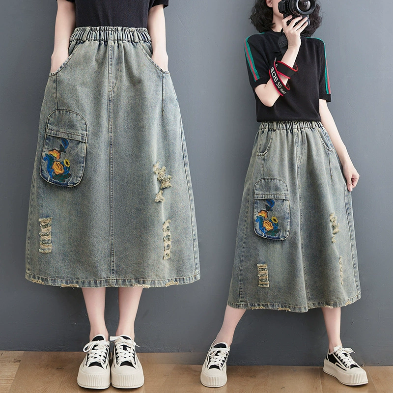 Споты #2022 весна и лето новая литературная ретро джинсовая юбка большого размера # предельная цена
