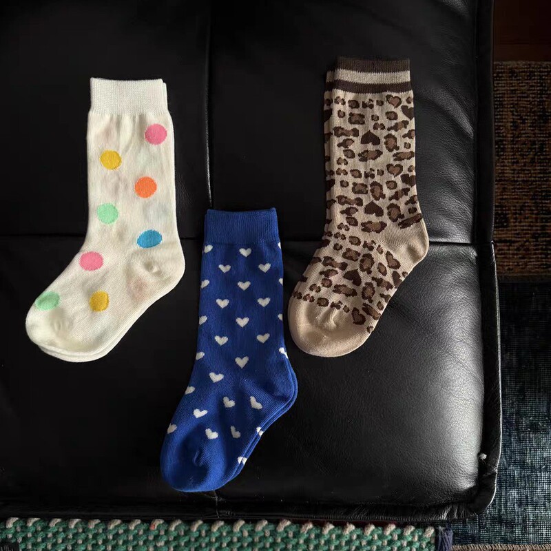 Korean-Style Patchwork Striped Children's Socks, Combed Cotton, Unisex, All-Season Mid-Calf Socks, Polka Dot, Leopard Print, Heart-Shaped Mid-Calf Socks