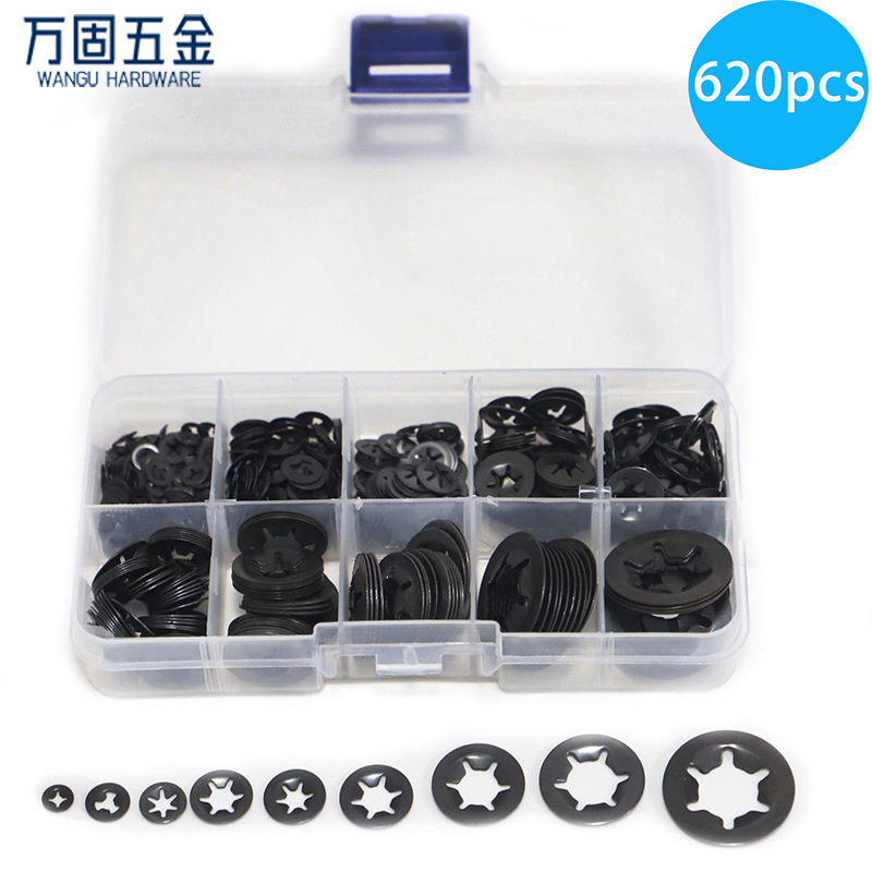 620pcs 盒装 锰钢梅花垫圈 弹簧垫圈 轴用梅花卡簧轴承垫圈M2-M12