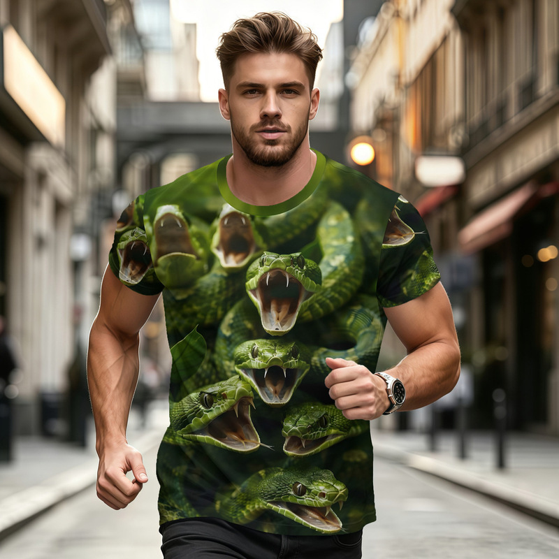 Forest Green Snake Print T-Shirt Men's Personalized Green Snake Trendy Short-Sleeved Cross-Border Casual Sports T-Shirt