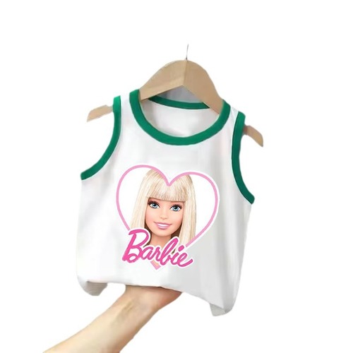 跨境热销Barbie 芭比卡通图案童装中大童无袖背心夏季款一件代发