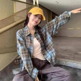 潮牌双色磨毛格子衬衫男女春季复古美式宽松长袖衬衣情侣外套女