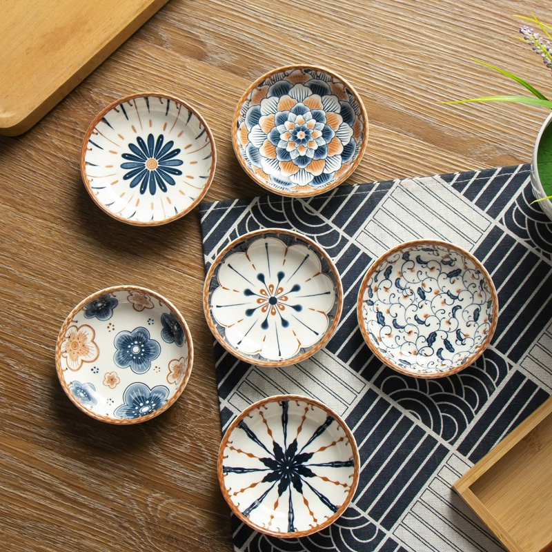 Sauce Dish (Japanese-style) Ceramic Under-Glaze Vine Pattern, Small Dipping Plate, Assorted Designs