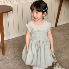 韓系女童連衣裙夏季2024清新洋氣木耳花邊背心裙女寶寶甜美公主裙