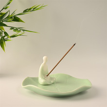 陶瓷无相小僧陶瓷香插青瓷荷叶线香托盘禅意香炉室内客厅装饰摆件