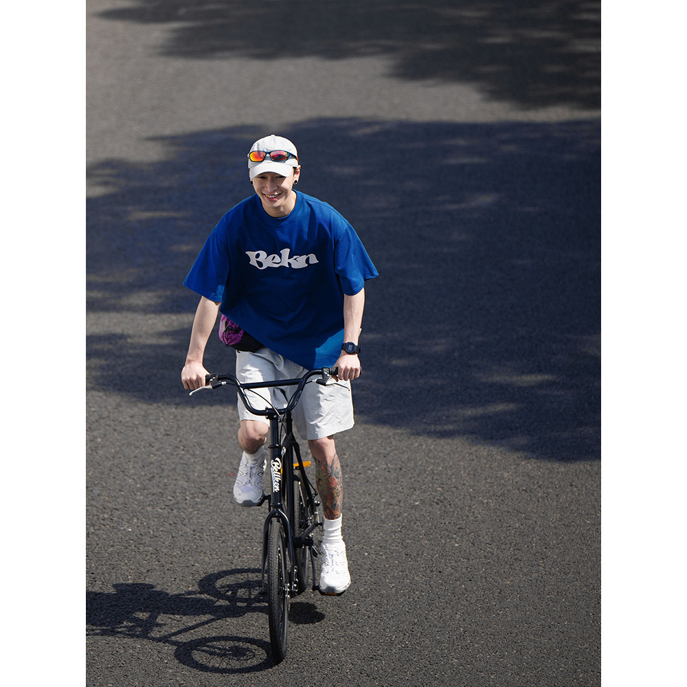 ベンkenderyシンプルなプリント純色綿300g重ポンド丸首ゆるい半袖tシャツ男女トレンド行