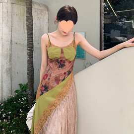 新品 2023夏荼蘼显白拼接重工连衣裙公主洋装吊带蕾丝下摆解构油