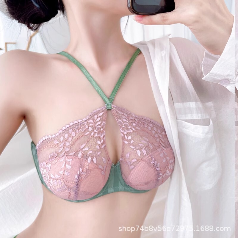 Halter Neck Lingerie Set for Women with Large Busts, Minimizing Effect, French-Style Push-Up Bra, Thin Design, Beautiful Back, Adjustable for 2024