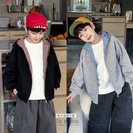 童酷2026男童春款韩版格子连帽宝宝卫衣拉链衫时尚宽松儿童外套潮