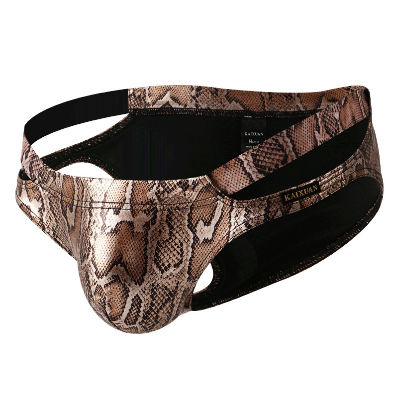 Bright Men's Underwear Low Waist Sexy Hollow-Out Briefs Snakeskin Large Bag U-Convex Bikini Underpants Men's Dance
