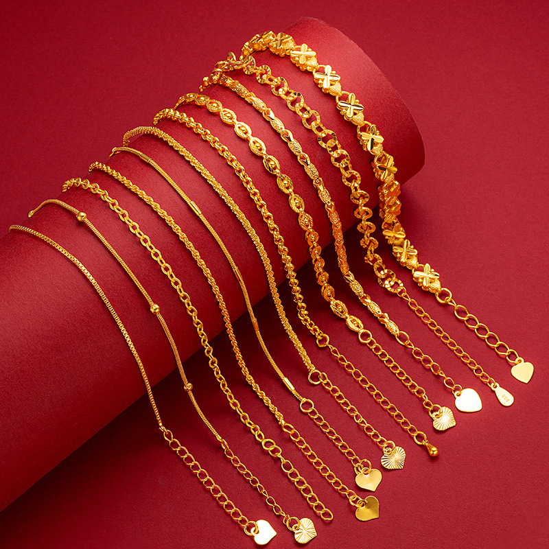 Gold-Plated Exquisite Imitation Gold Bracelet for Women, Various Fashionable Designs, Small Fish, Lucky Clover, Snake Bone, Box Twist Thin Bracelet Supply