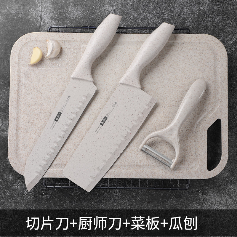 [밀짚] 칼 2개 + 도마 + 껍질 벗기기 칼 [칼 커버 포함] - 60°위 -18cm-110mm
