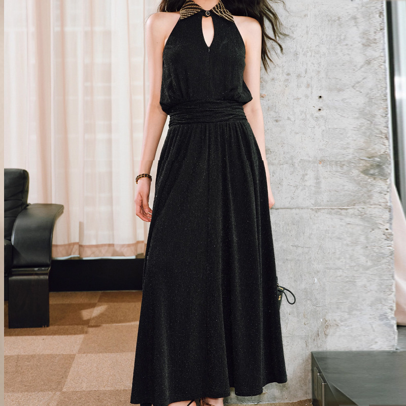 WAN | Luxury Shining Mteor Diamond | Metallic Stripe Lathers | Wrinkle Waist Umbrella Sleeveless dress