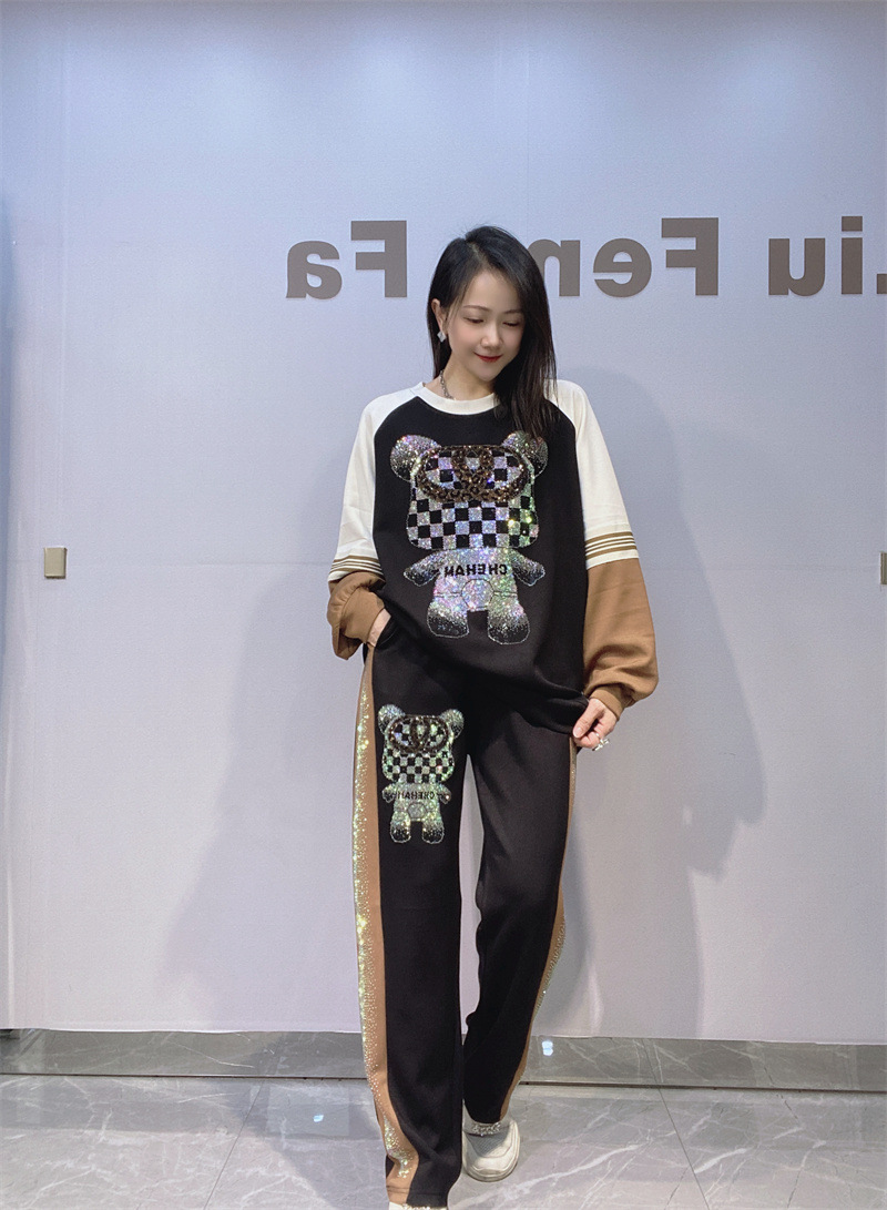 Comercio exterior transfronterizo ropa de mujer color contraste de tamaño grande conjunto de diamantes de primavera y otoño mujeres cuello redondo camisa de manga larga con pantalones largos dos piezas conjunto