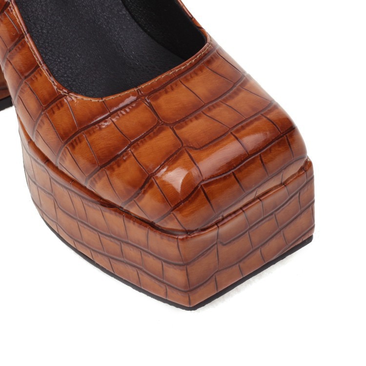 Square head thick with waterproof platform buckle high heels large size women's shoes stone pattern_voghion.com