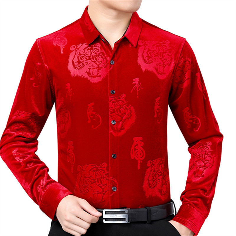 Spring and Autumn Gold Velvet Long Sleeve Shirt Men's Jacket Amazon American Retro Casual Middle-Aged and Elderly Men's Thin Shirt Autumn