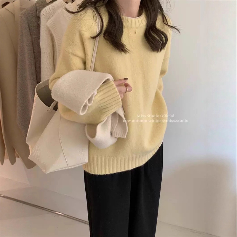 Original High Quality Enlarged and Thickeneded! Autumn and Winter Round Neck Leather Label Candy Color Pullover Sweater for Women Korean Loose Sweater