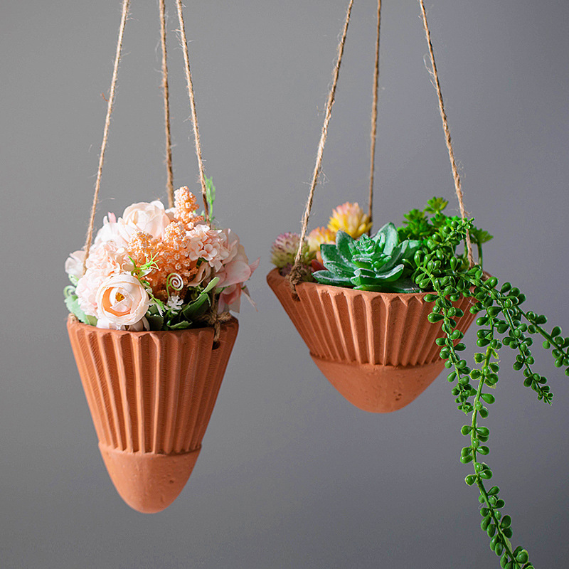 Simple Modern Ceramic Hanging Flower Vase Jute Red Clay Wall Mounted Hydroponic Wall Flower Vase Dried Flower Insert Decorative Accessories 