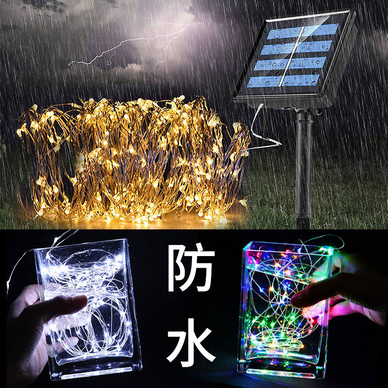 LED solar Cadena de luz de alambre de cobre al aire libre impermeable luces de colores decoración de vacaciones balcón patio jardín Villa paisaje luces