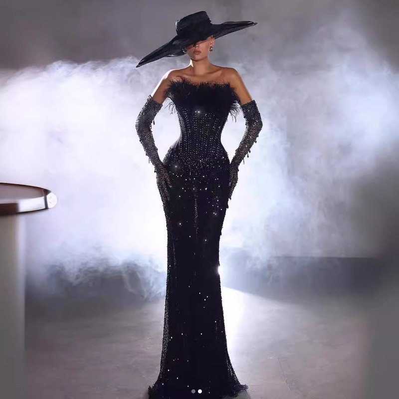 European and American New Strapless Ostrich Nails Crystal Beads with Gloves High Waist Slimming Fashion Bright Beads Stage Evening Dress European and American New Strapless Ostrich Nails Crystal Beads with Gloves High Waist Slimming Fashion Bright Beads Stage Evening Dress