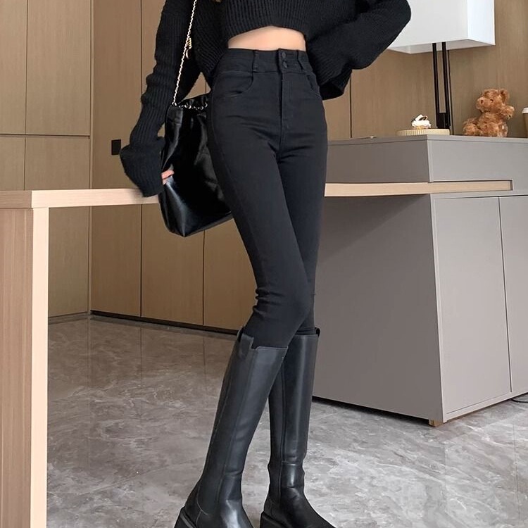 Black High-Waisted Velvet Skinny Jeans for Women 2025 New Autumn and Winter Slim Slimming Look Tight Pencil Boots Pants