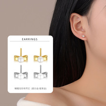 S925纯银蝴蝶结淡水贝珠耳钉日韩时尚气质镀K金轻奢女款小耳环