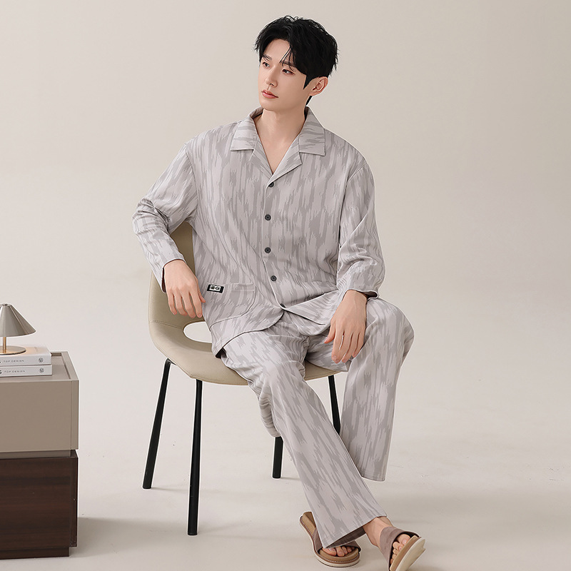 Spring and autumn pure cotton pajamas for men, Korean style casual cardigan, long-sleeve home wear, suitable for young people, can be worn outside, autumn lapel suit Spring and autumn pure cotton pajamas for men, Korean style casual cardigan, long-sleeve home wear, suitable for young people, can be worn outside, autumn lapel suit
