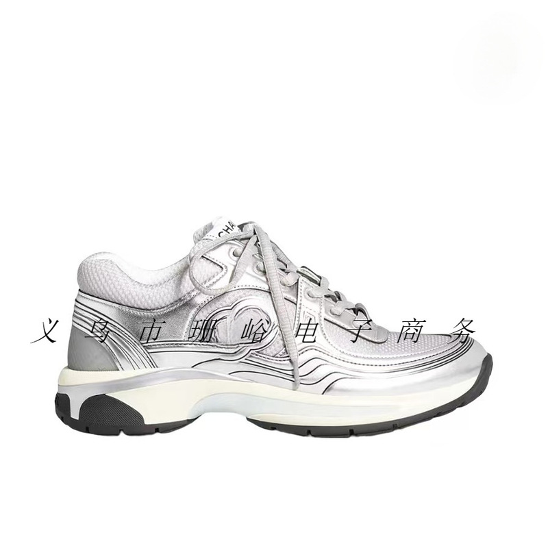 Cross-border Chanel-style 24C couple's leather mesh breathable casual sneakers with thick soles and silver accents, dad shoes Cross-border Chanel-style 24C couple's leather mesh breathable casual sneakers with thick soles and silver accents, dad shoes