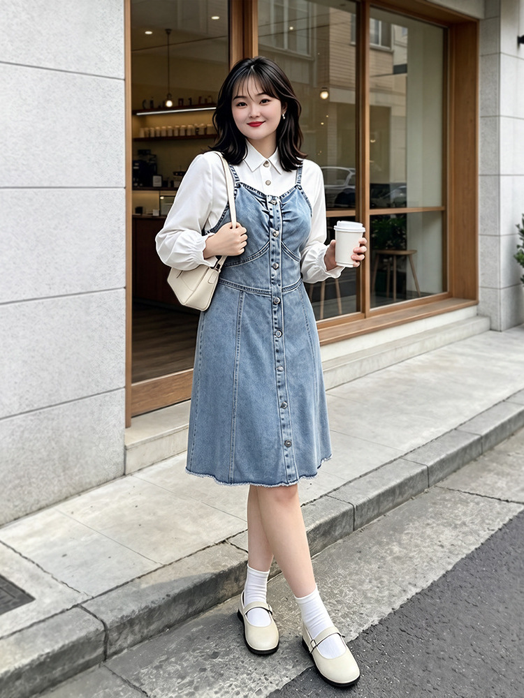 130-320 Plus Size Women's Shirt and Denim Skirt Set for Spring and Autumn, Loose and Stylish Retro Two-Piece Set for Slightly Plump Women 130-320 Plus Size Women's Shirt and Denim Skirt Set for Spring and Autumn, Loose and Stylish Retro Two-Piece Set for Slightly Plump Women
