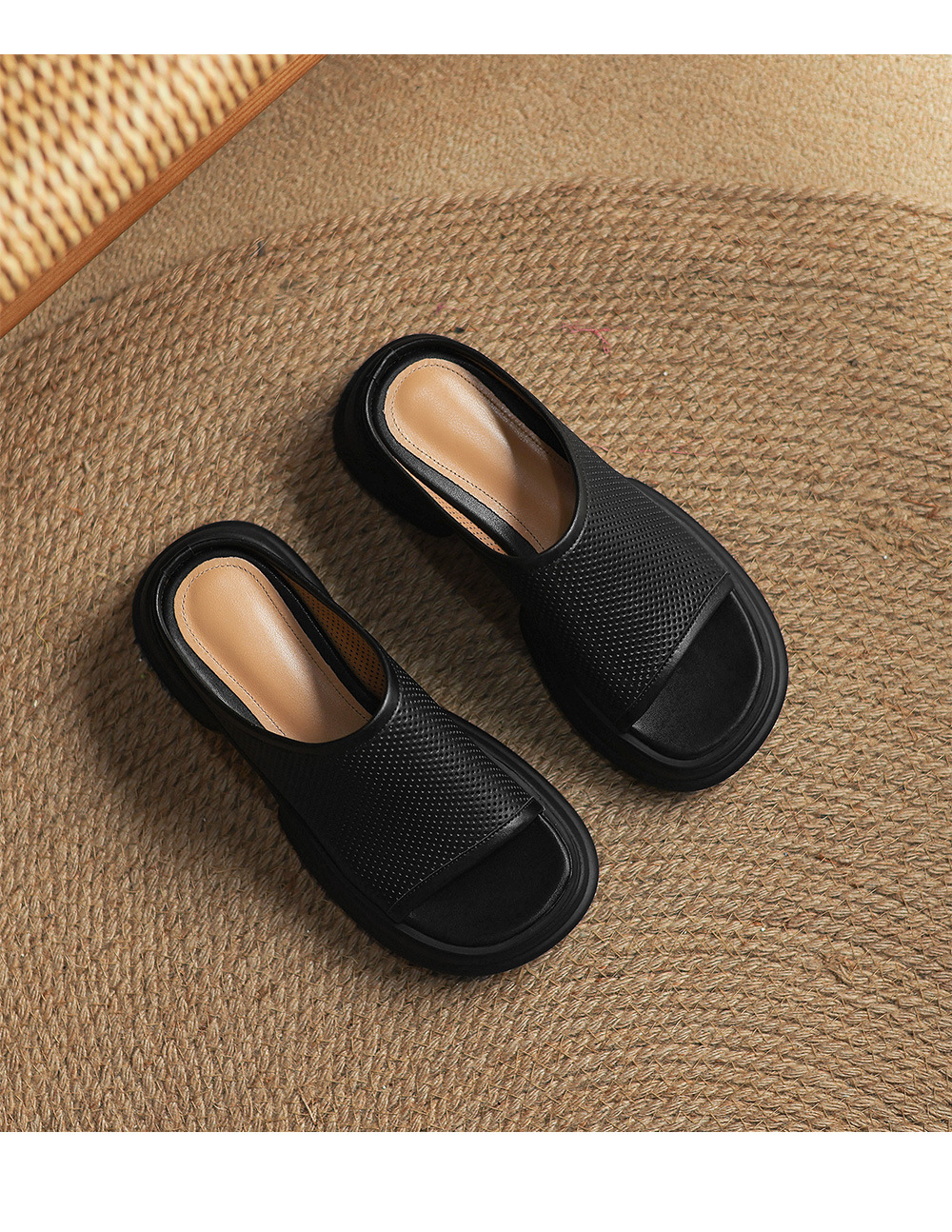 Dép sandal nữ quai ngang đế xuồng da bò, gót cao khoét lỗ — đen chi tiết 17