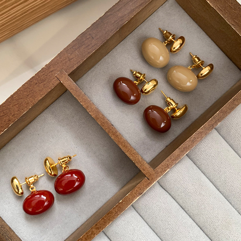 美拉德珐琅酒红色棕色豆豆耳环女小众设计感高级气质独特耳钉耳饰