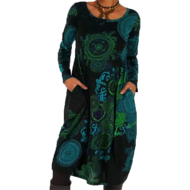 Europe and the United States cross-border independent station wish best selling 2021 autumn and winter pullover printed ethnic style dress dress skirt