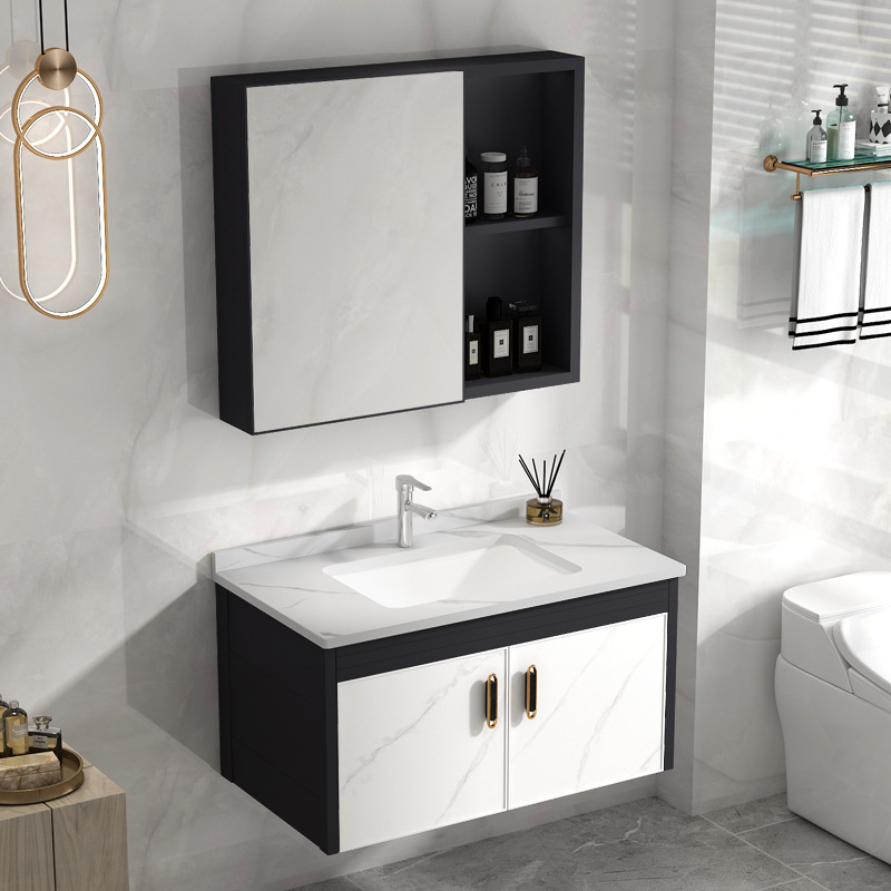 Montado en la pared gabinete de baño de aluminio espacio combinación moderna minimalista lavabo de baño lavabo Mesa de roca placa lavabo piscina