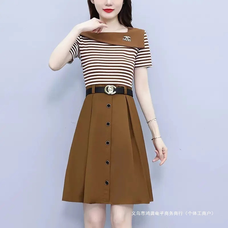 跨境2025新款女装裙子感轻奢时尚百搭洋气减龄短袖收腰连衣裙|undefined