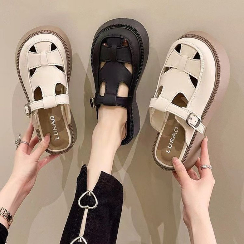 夏季新款复古编织女鞋子女款镂空半拖鞋厚底超软凉鞋软底包头拖鞋