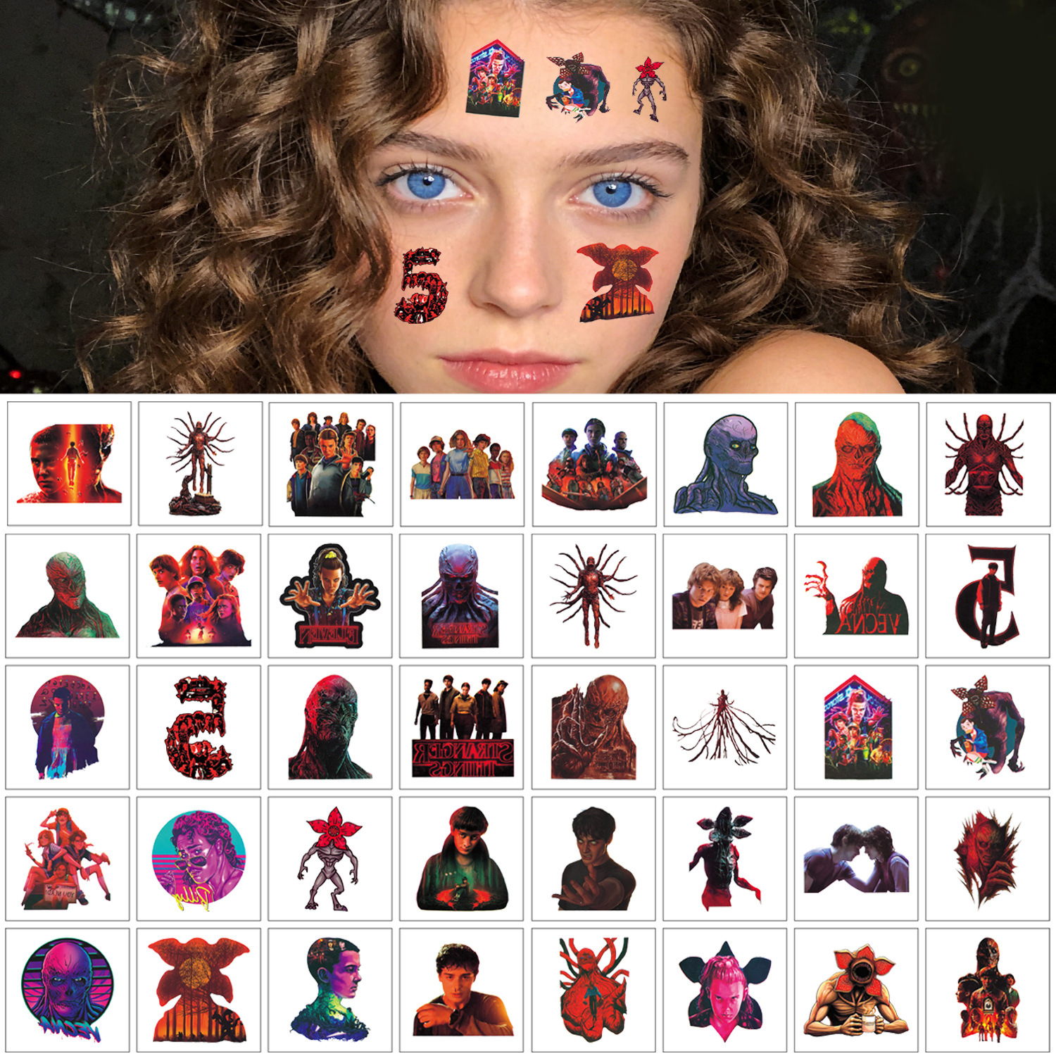 40张爆款热播美剧怪奇物语5涂鸦纹身贴纸卡通动漫脸贴手臂贴纸