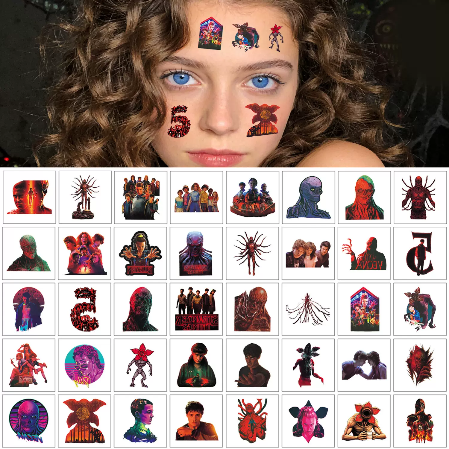 40张爆款热播美剧怪奇物语5涂鸦纹身贴纸卡通动漫脸贴手臂贴纸