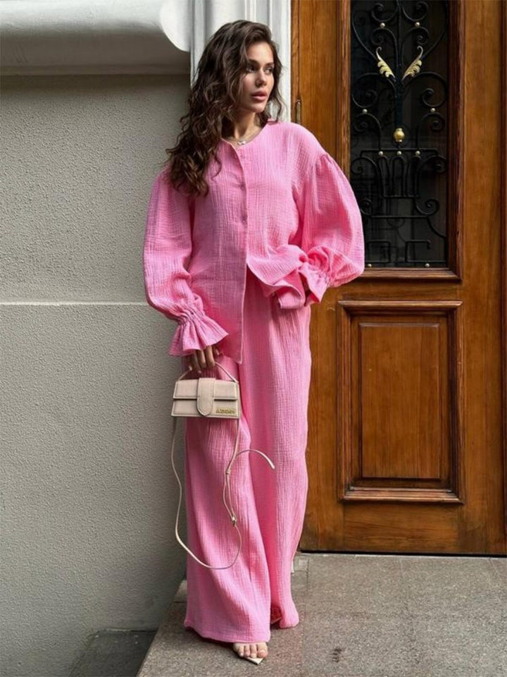 Bộ cardigan dài tay + quần ống rộng tay đèn lồng chất liệu cotton — màu hồng, màu đen, quả mơ