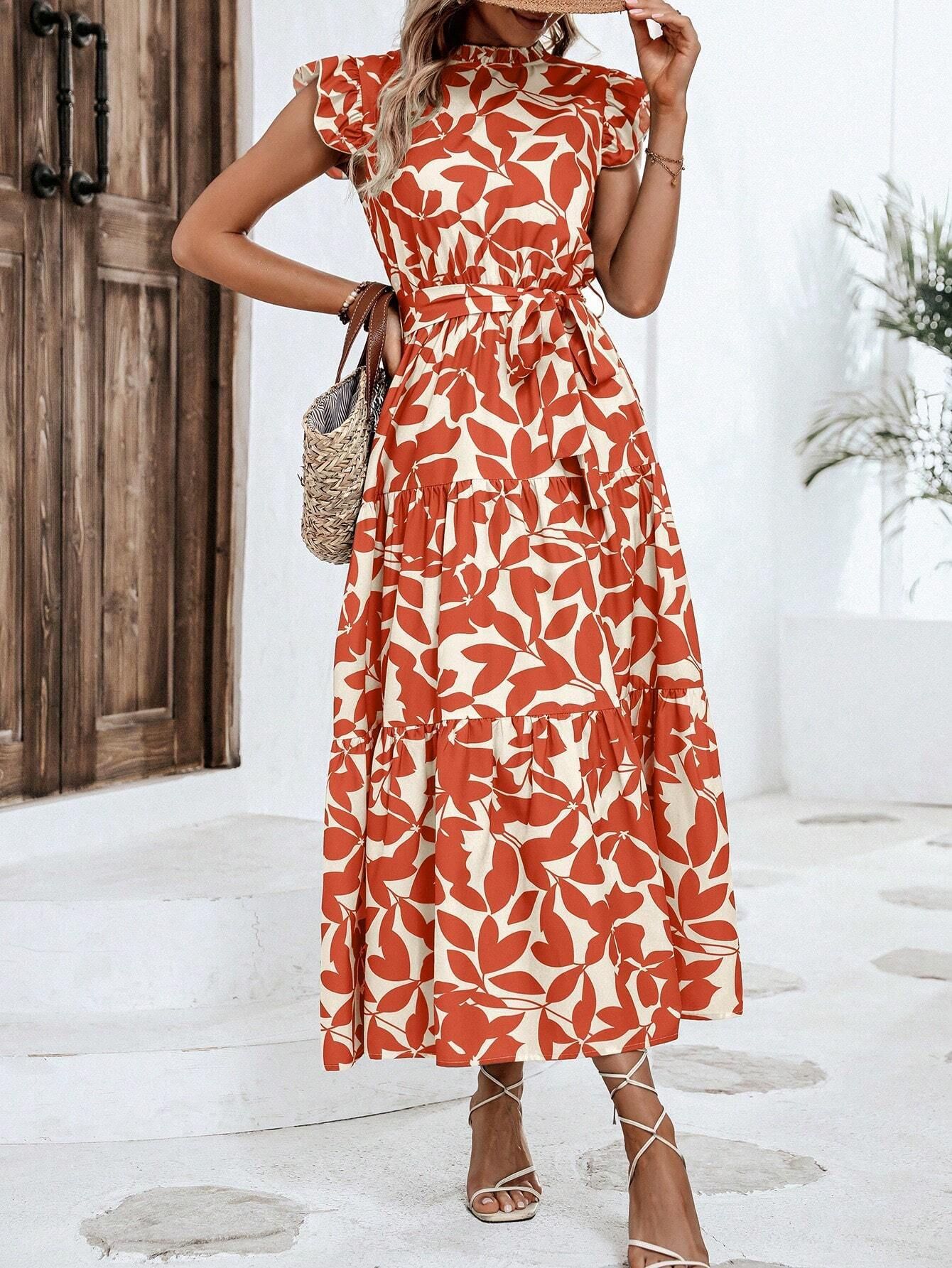 350g Weight Midi Dress Dress Length Type Sleeveless Sleeve Length Swing Dress Dresses Type Flounce Sleeve Sleeve Type Polyester Fabric Type High Waist Waist Line Holiday, Daily Occasion Standing Collar Neckline Slim Fit Type Leaf Pattern Summer Season Women's Gender Printing Design Elegant, Streetwear Style Wholesale Women's Elegant Streetwear Printing Leaf Holiday Daily Standing Collar Sleeveless Swing Dress 1