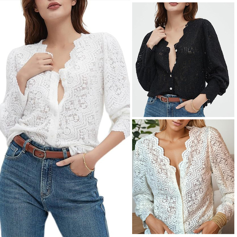 Amazon Cross-border European and American Fashion Women's 25 Spring and Summer New V-neck Lace Hollow Top Elegant Elegant Shirt