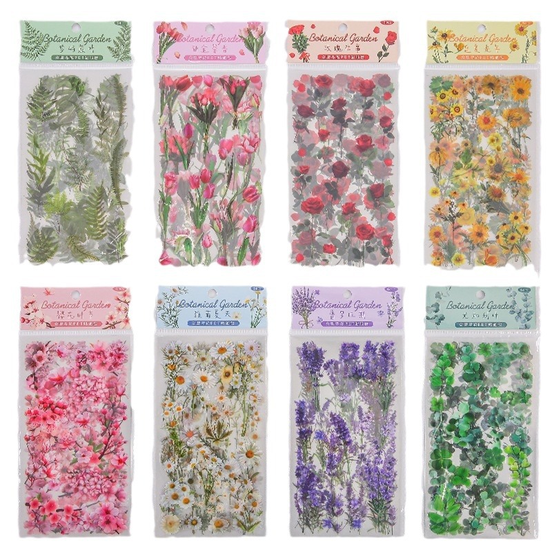 Cuenta de mano pegatinas bolsa vintage planta flor hojas PET impermeable transparente cuenta de mano de los niños DIY pegatinas decorativas taza de agua