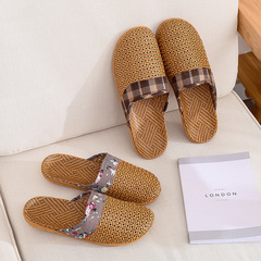 批發新款藤草編織亞麻拖鞋包頭夏天女家用室內防滑情侶竹蓆涼拖男