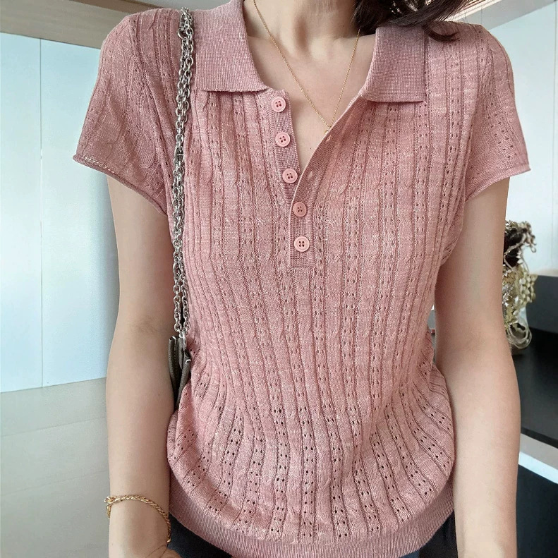 Old Money Style Henry Collar Short-Sleeve Knit T-Shirt for Women, Summer 2026 New Loose Slimming Polo Collar Top