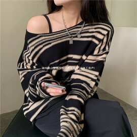 新款秋冬韩版圆领针织衫套头毛衣女鬼马系斑马纹休闲潮流大码宽松