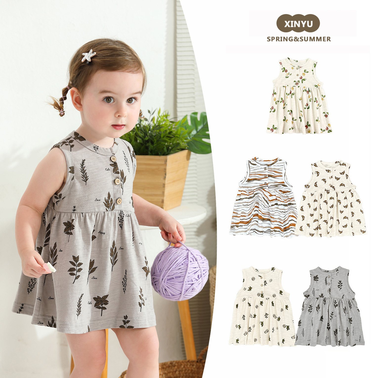 Baby Girl Thin Bamboo Cotton Vest Dress Summer 25 Years Old Kidsren Ins Floral Scandinavian Style Princess Skirt