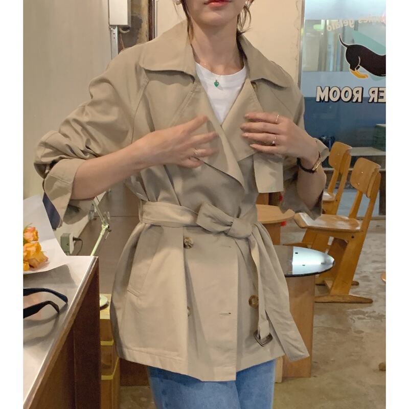现货实拍法式复古翻领双排扣短款系带风衣女宽松显瘦休闲外套chic|undefined