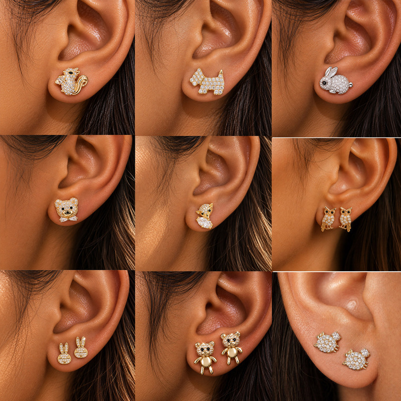 Cross-border collection of various animal-themed earrings: rabbits, bears, and foxes, featuring cubic zirconia stones, offering a unique and sophisticated look, perfect for everyday wear and versatile styling